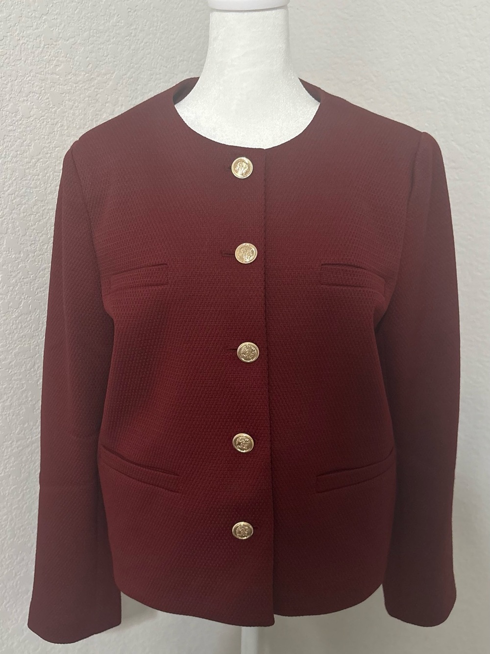 Ann Taylor Factory Burgundy Collarless Textured Blazer with Gold Buttons